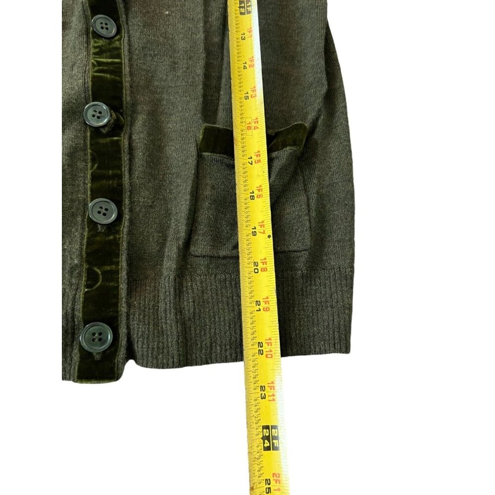 J. Crew Cardigan Small Green Merino Wool Blend Button Down Sweater Velvet Trim - Picture 5 of 6